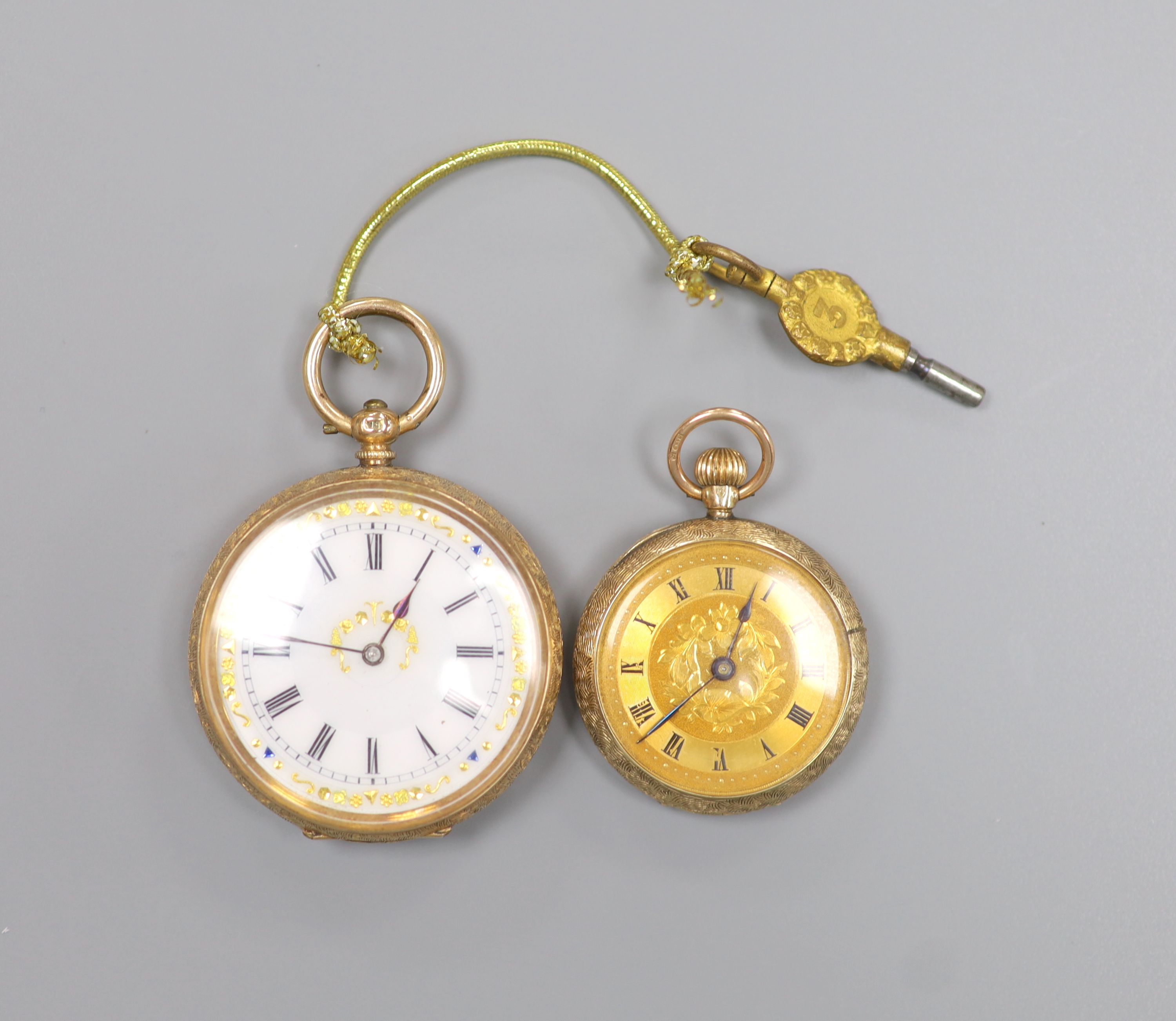 A lady's early 20th century continental 14k open faced pocket watch and a similar 9ct gold fob watch